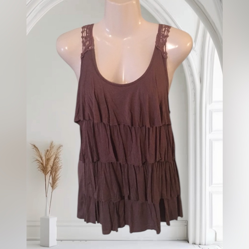 Vintage Bohemian Mauve Crochet & Ruffle Detail Blouse-XL